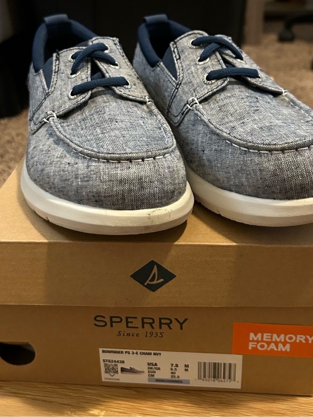 Sperry Chambray-Style Boat Shoes in Blue and White
